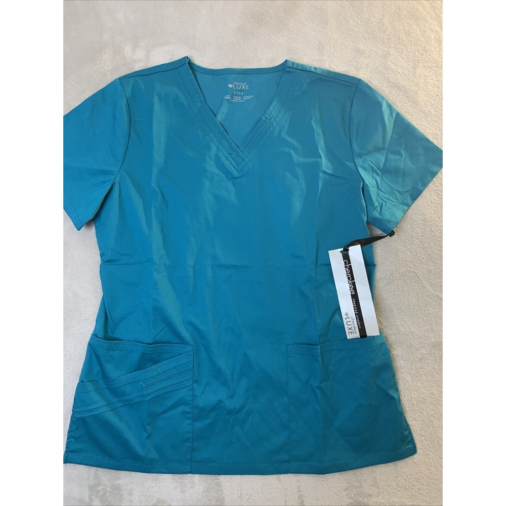 Cherokee LUXE New Women Scrub Top V-Neck Teal Small 3 Pockets